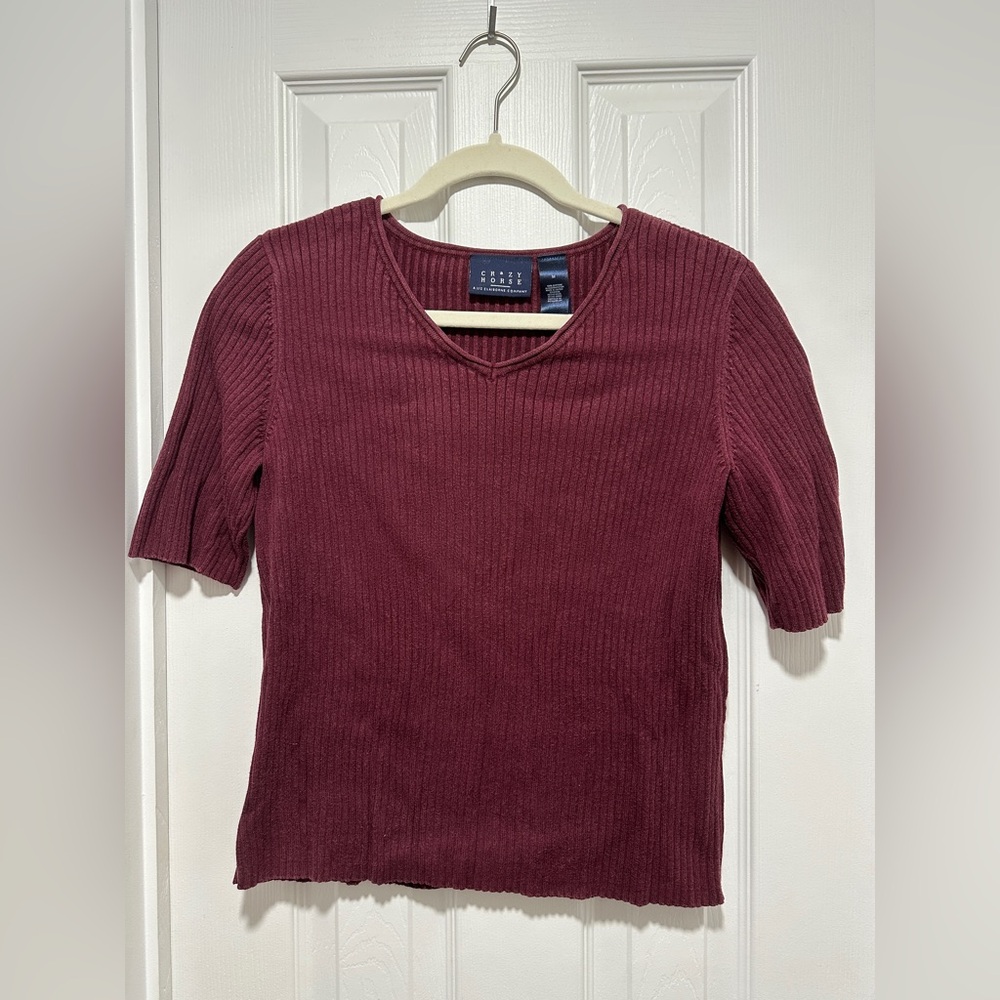 Liz Claiborne Short Sleeve Ribbed Top - Dark Red